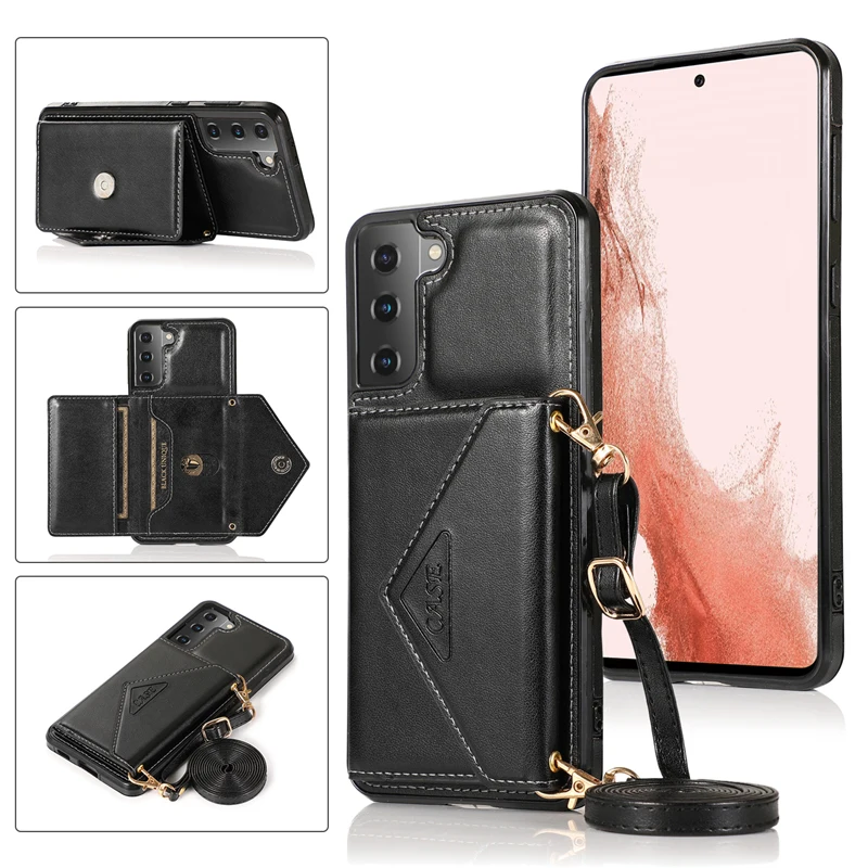 

New Models for Samsung S22 Leather Phone Wallet Case with Shoulder Strap for Samsung Galaxy S22 Plus S22Ultra 5G