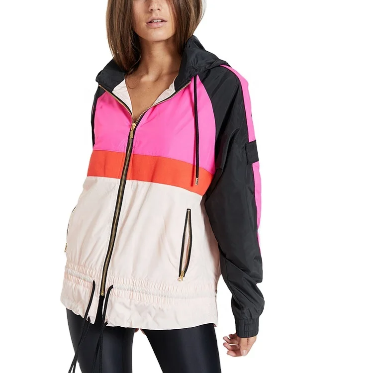 

Hot-selling Winter Zipper Drawstring Waistband Custom Jacket Women Hooded Style Long Sleeve Zip-up Jacket, Pink, red and black colourway