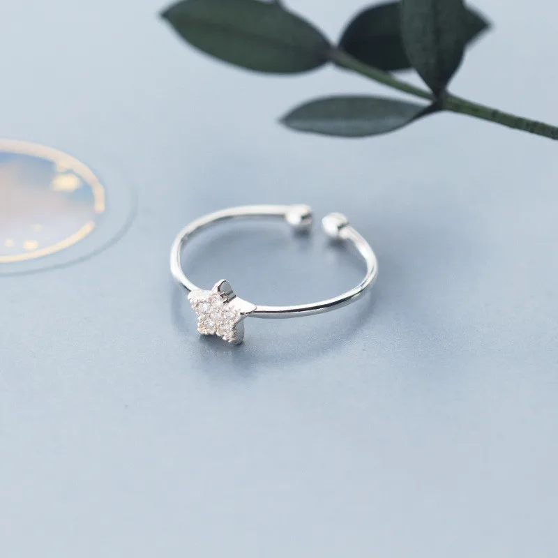 

Korean Style Adjustable Micro CZ 925 Sterling Silver Star Open Ring for Girls, Whit gold