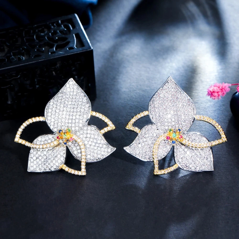

Two Tones Full Micro Pave Cubic Zirconia Stones Geometric Big Luxury CZ Flower Drop Earrings for Women Fashion Brand Jewelry