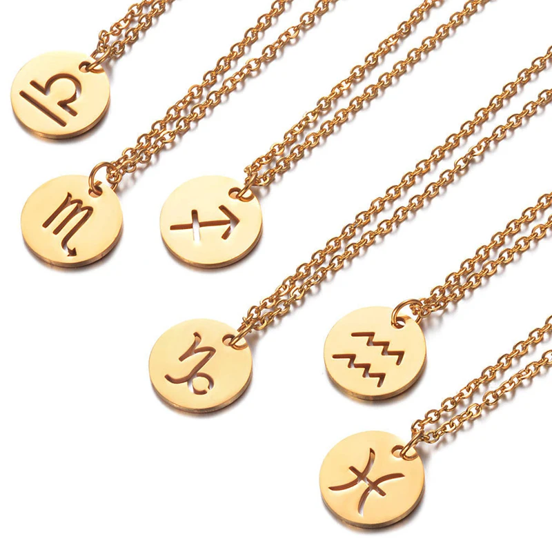 

Fashion Wholesale Gold Silver Plated Stainless Steel Horoscope 12 Zodiac Signs Pendant Necklace Jewelry For Women Girls, Color plated as shown