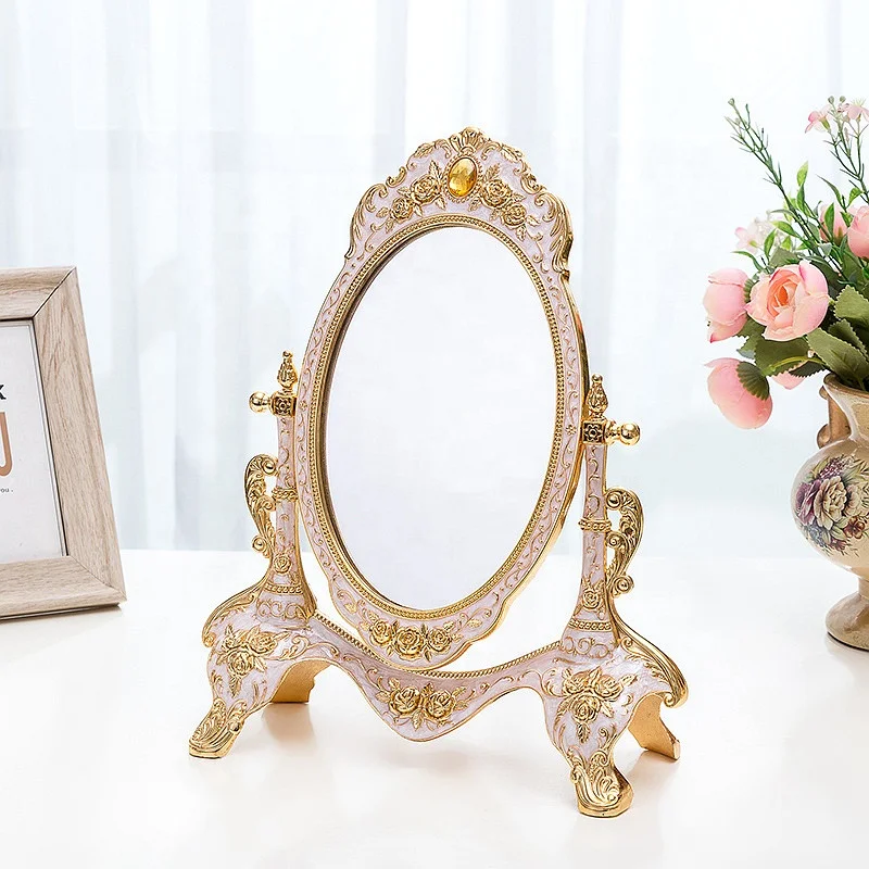 

European Style Retro Golden Metal Luxury Table Rotatable Makeup Mirror