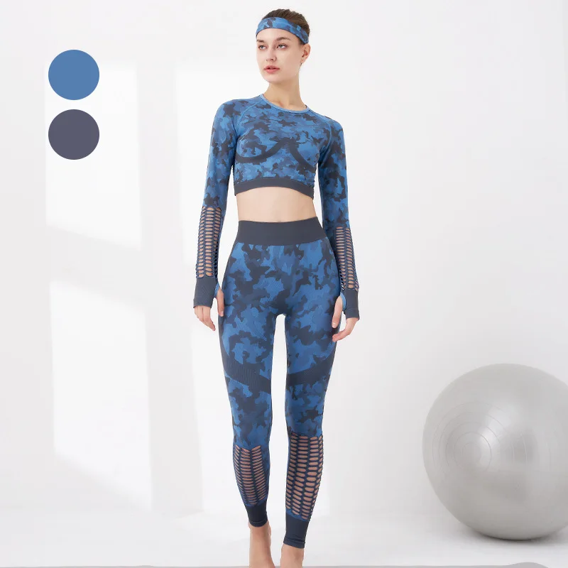 

2021 Women Camo Seamless Sportswear Fitness 2 Piece Suit Hollow Beauty Back Bra Yoga Butt Lift Pants Sets, Customized colors