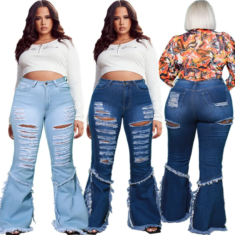 

Best Seller High Waist Ripped Tassels Sexy Long Flared Plus Size Jeans For Woman