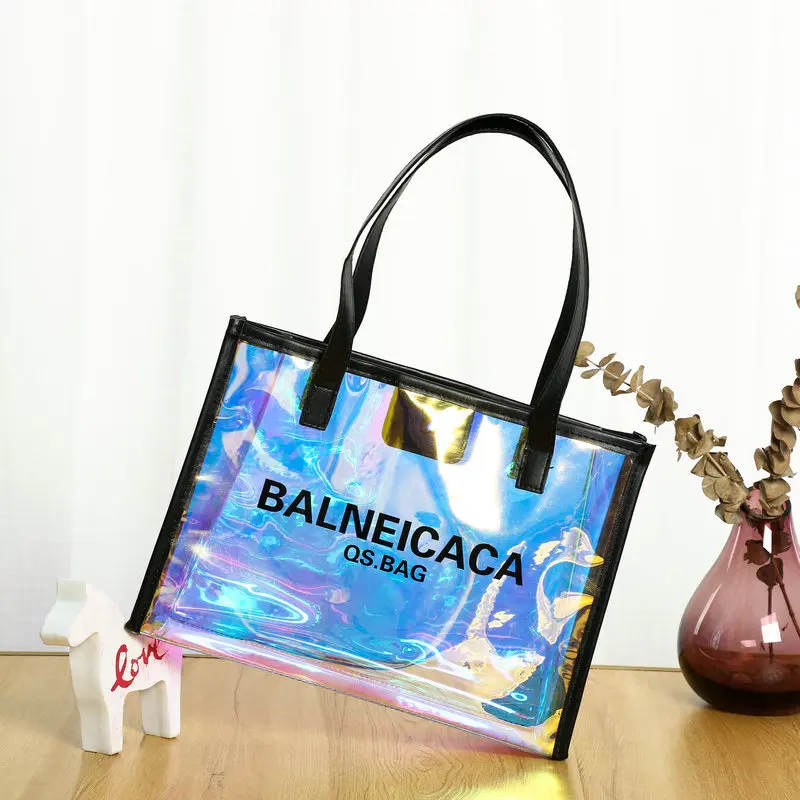 

Custom pink waterproof cross raymond new fashion hologram jelly laser pvc woman tote bag