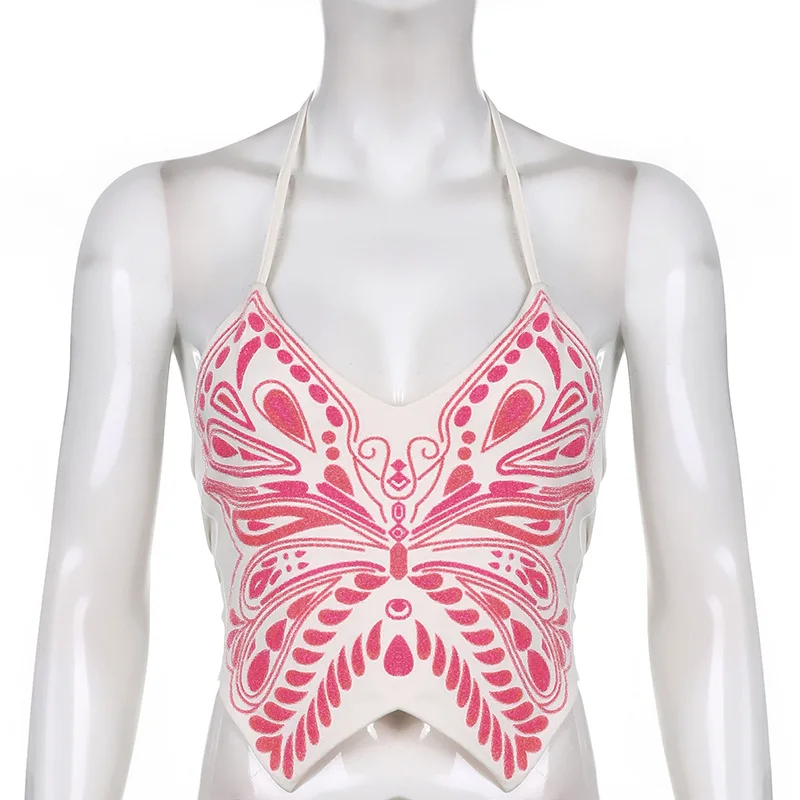 

2022 Worldealshop New Beaded Butterfly Graphic Sexy Top Hanging Neck Backless Vest