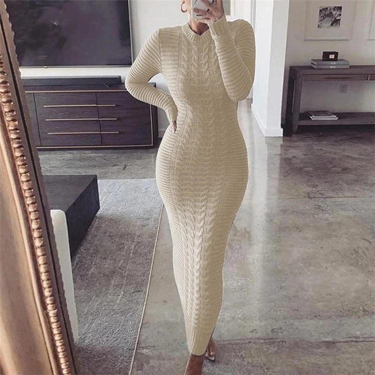 

W8543 Winter clothes for womens long sleeve knitting long skirts streets solid color bodycon sexy dress