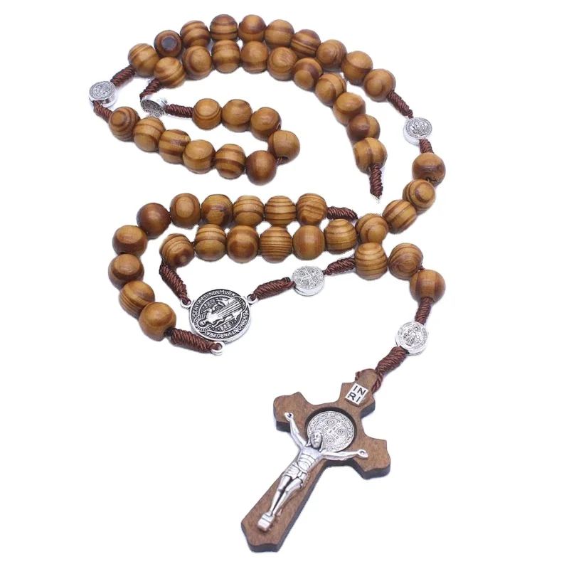 

Handmade Wood Bead Rosary Necklace Saint Benedict Medal Jesus Cross Religious Jewelry Christmas Gifts