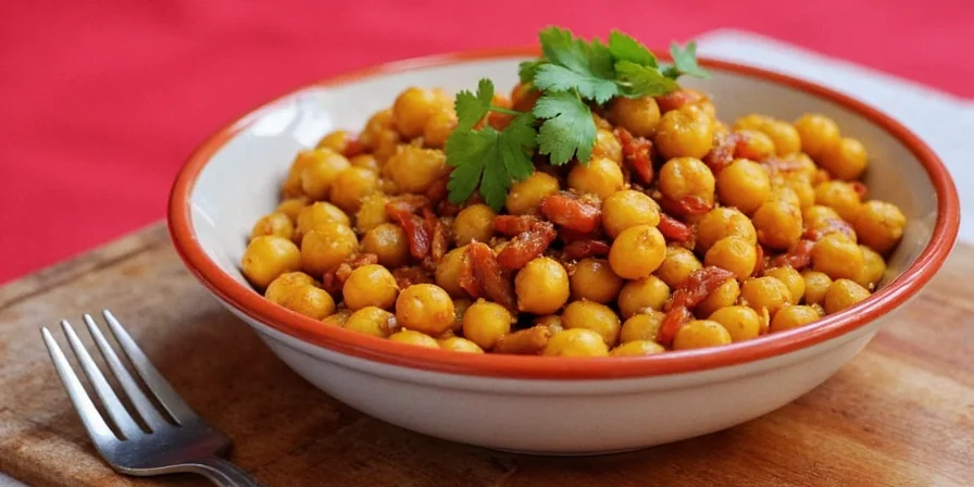 Chickpea chili served with cornbread and avocado