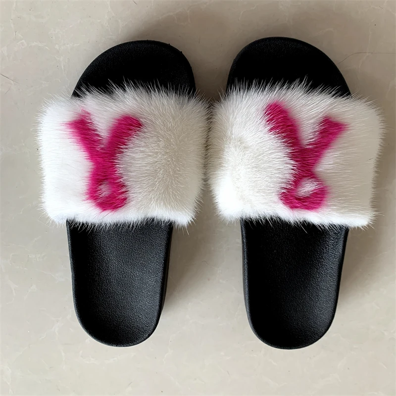 

New style stylish and comfortable mink fur slippers slides cc momey and me, We can dyeing any color