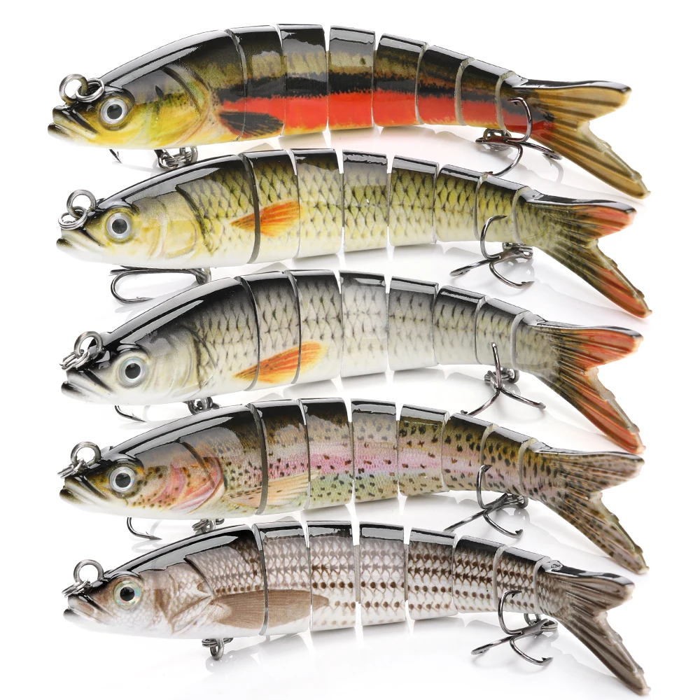 

5 in 1 box high quality 8 segmented swimbait fishing lure set kit with 3D eyes, Vavious colors