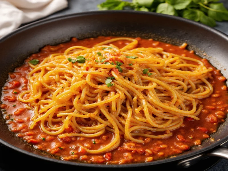 Fresh noodles tossed in pan with vibrant sauce