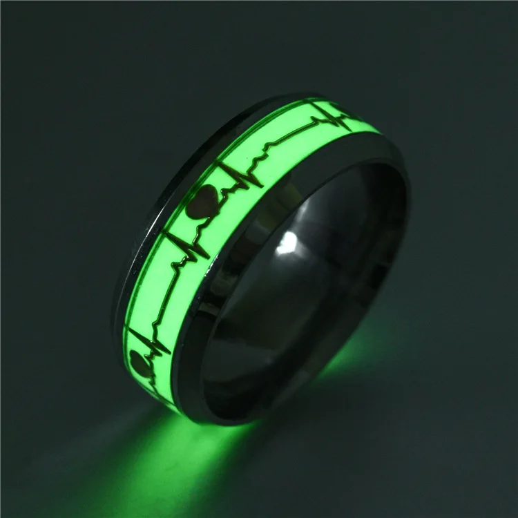 

Unique design Electrocardiogram Heartbeat glow in the dark ring jewelry stainless steel silver luminous ring for men