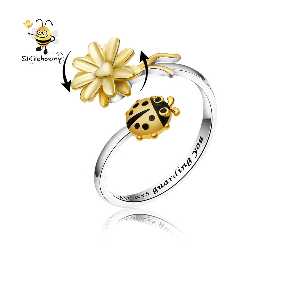 

Slovehoony Yellow Sunflower Ring With Ladybug 925 Sterling Silver  Ring Ladybird 360 Degree Rotation For Women Jewelry
