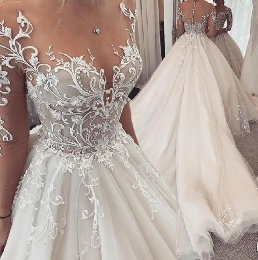 

Illusion Long Sleeves Wedding Dresses Jewel Zipper Back Appliques Pearls Long Train Vestido De Novia Bridal Gowns Custom Made