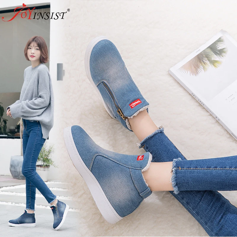 

Winter Shoes Women Denim Snow Boots Platform Warm Fleeces Classic High Top Round Toe Flat Casual Shoes Sneakers 2021 New