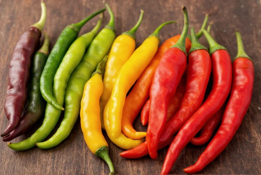 Colorful array of fresh chili peppers arranged by heat level from mild to hot on wooden table