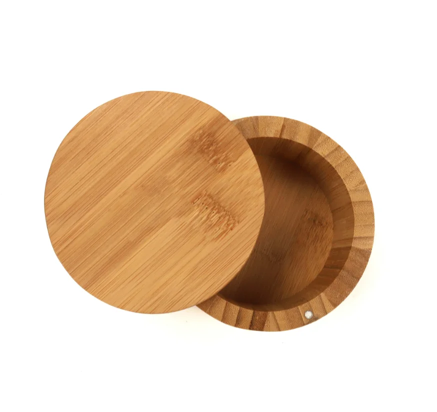 

Rotating Boxes Container With Spoon And Magnetic Swivel Lid Kitchen Bamboo Round Seasoning Spice Storage