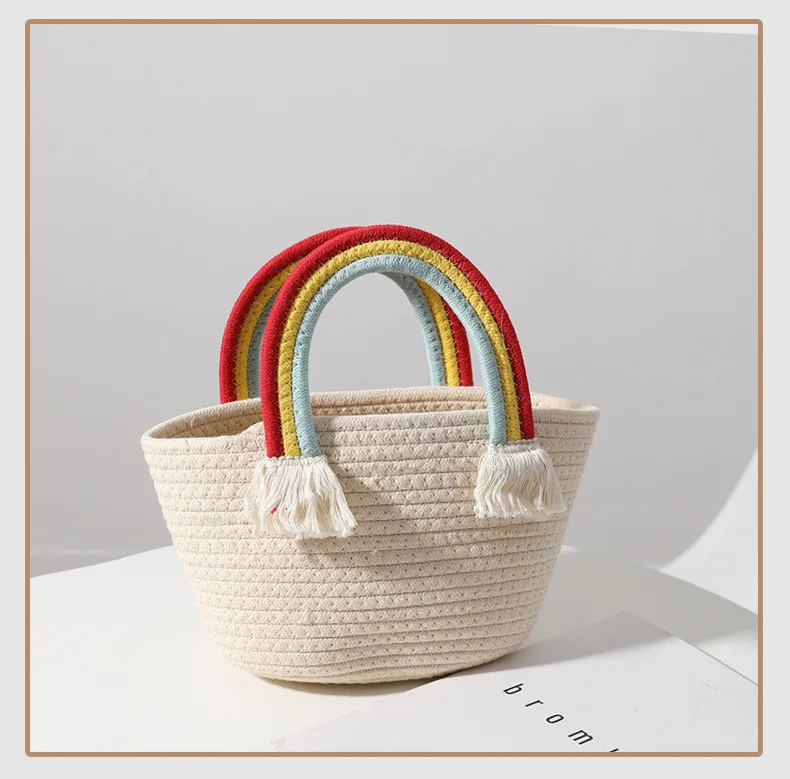 

New handmade cotton woven bag seaside holiday beach bag versatile straw woven bag lovely rainbow cloud handbag, Pictures showed