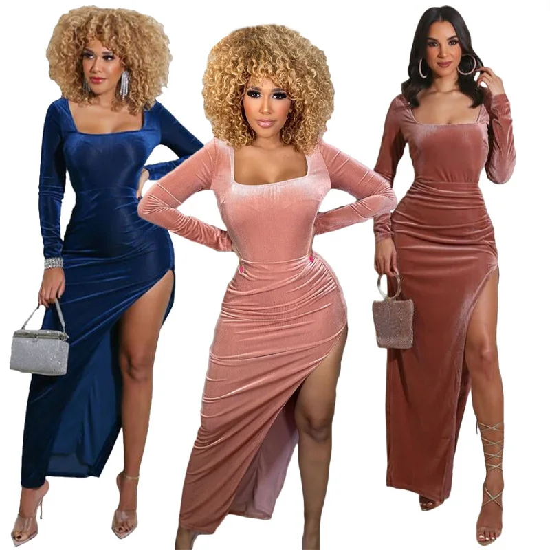 

2021 Women Seduced Side High Slit Vintage Velvet Party Dinner Long Dresses Long Sleeve Square Neck Gown Evening Maxi Dress, Navy,brown,pink