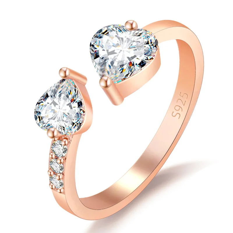 

Luxury Fashion Rose Gold Silver Diamond Engagement Rings Open Adjustable Double Heart Shaped Ring For Women Wedding Jewelry