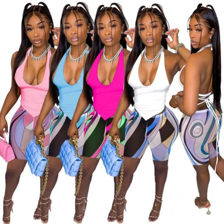 

Fondpink Fashion 2021 Summer Halter Backless Bandage Hollow Out Top And Print Shorts Outfits Women 2 Piece Set Women Clothing