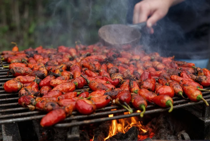 Chef roasting Hatch chilies on a metal rack over propane burner with charred skins and steam rising