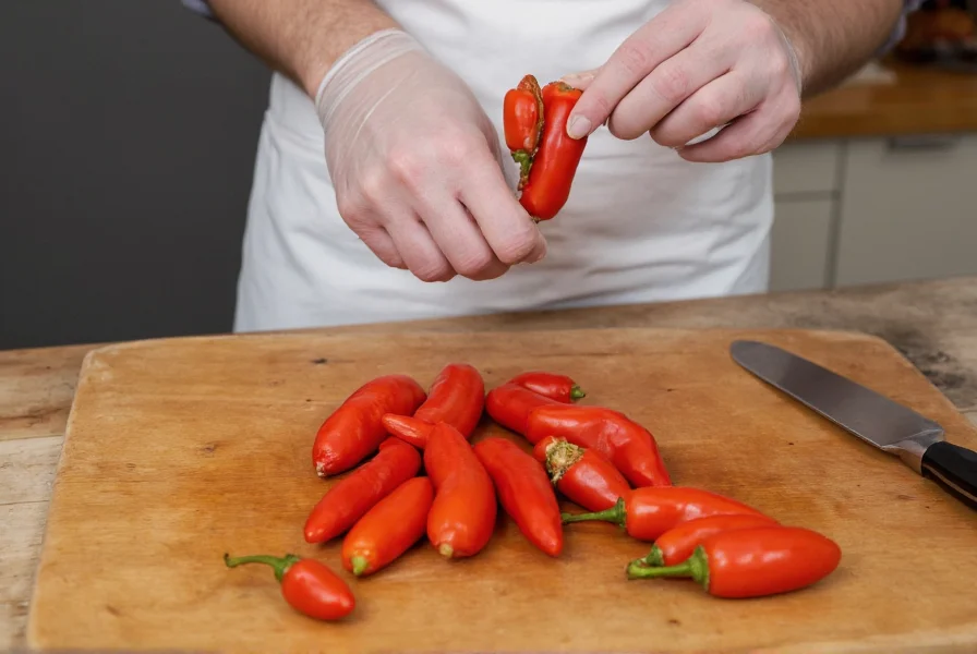 Chef wearing gloves while carefully removing seeds from red jalapeño peppers on wooden cutting board