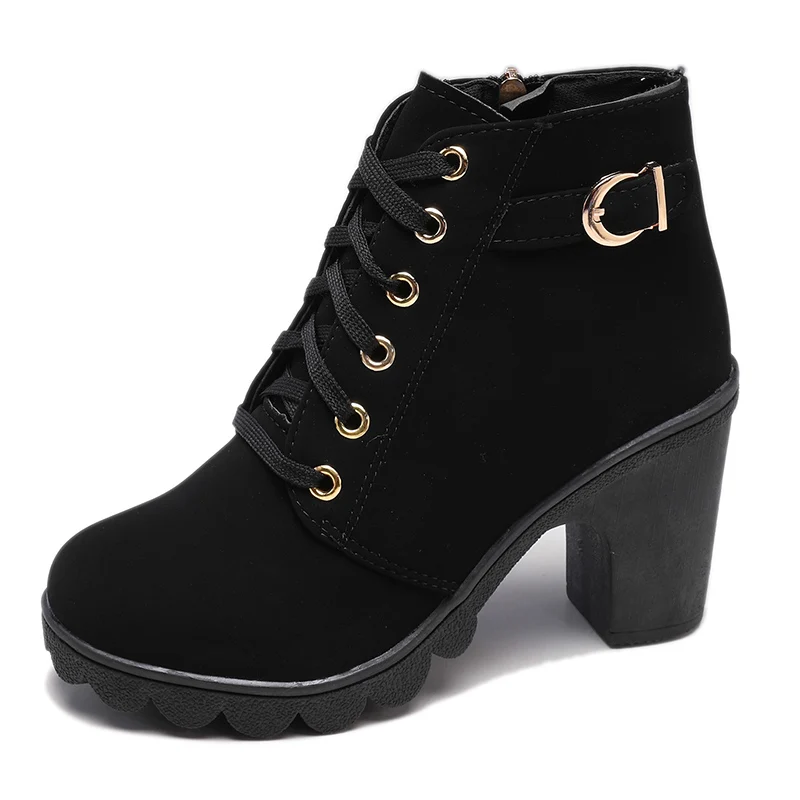 

Round toe lace up ankle buckle women boots chunky high heel platform women shoes, Black/brown/green