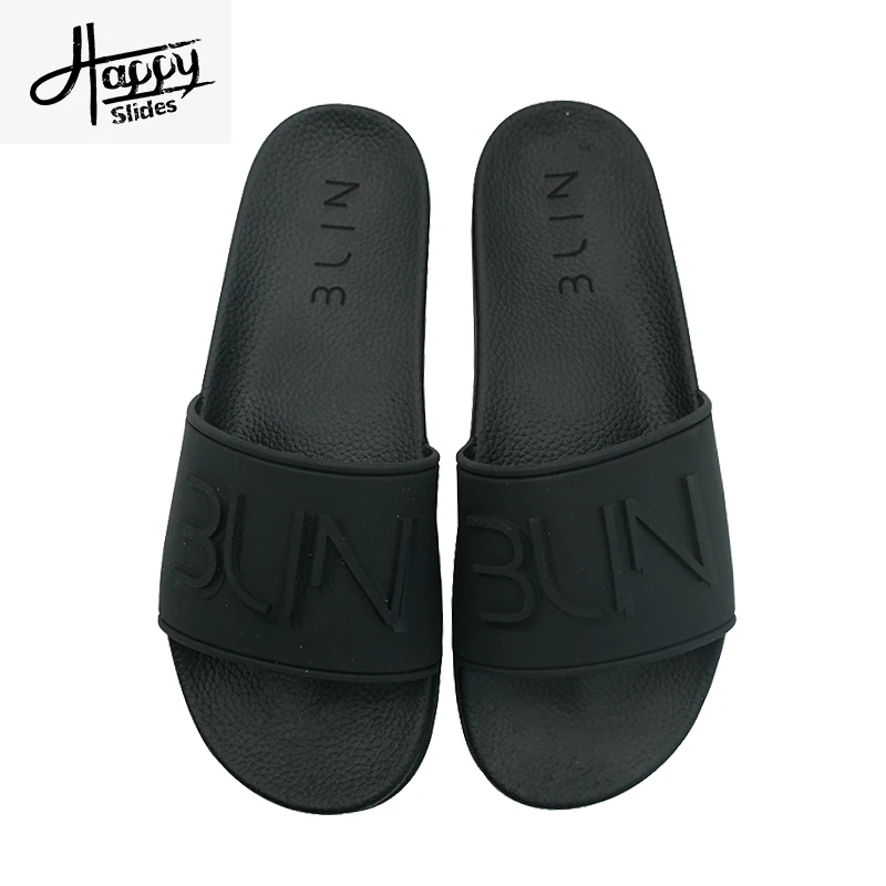 

Happyslides Factory price top quality men leather slipper custom logo slide sandal memory foam soft PU slides with logo