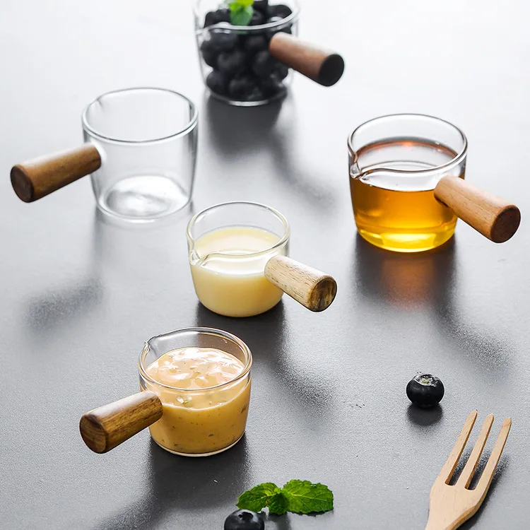 

Factory direct sales little glass Sauce vinegar soy cup with acacia wood handle