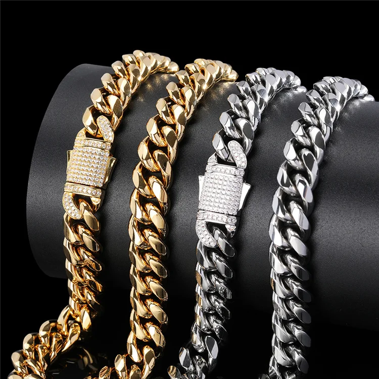 

Wholesale 12mm Hip Hop Necklace Choker Charm Iced Out Stainless Steel Cuban Link Chain Men