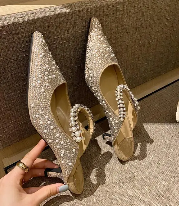 

Slippers Pearl Rhinestone Flat Slippers For Women Summer Shiny Wedding Shoes Slipper Sandals