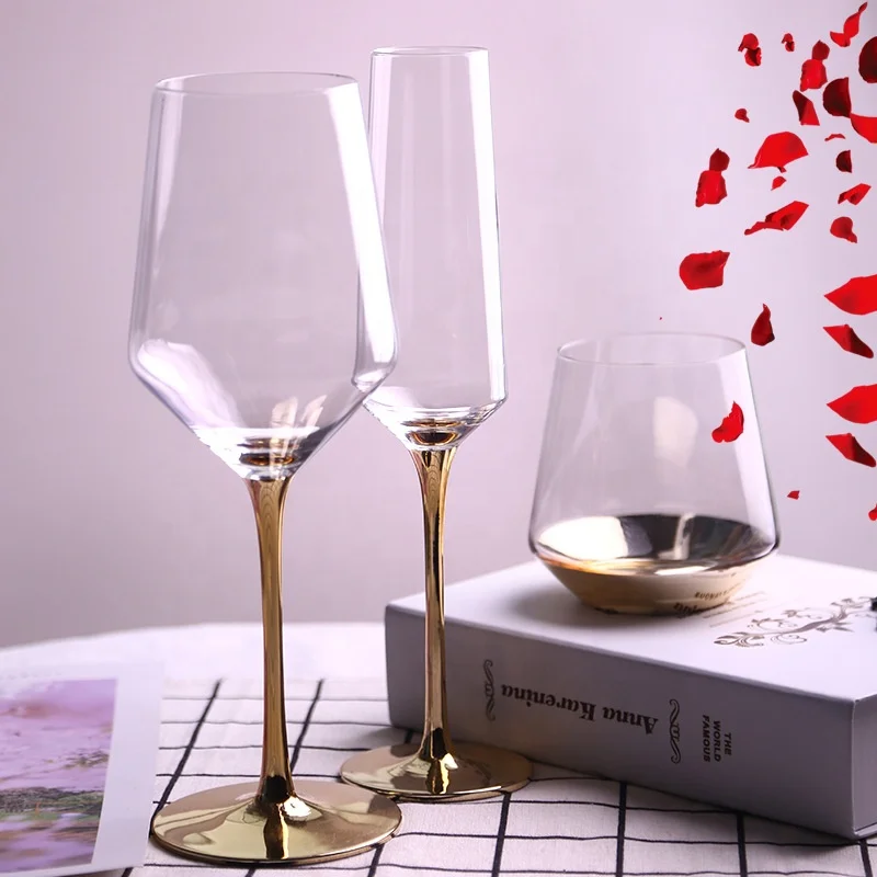 
China Factory Custom Gold Stem Red/White Decorative Unique Fancy Wine Glass Cup 