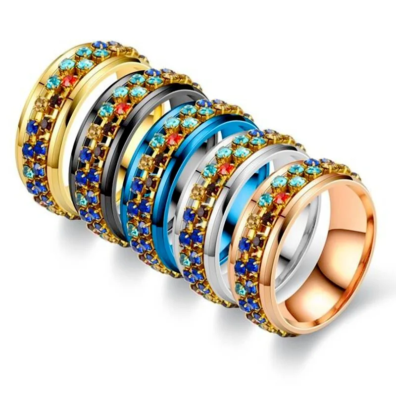 

18K Gold Plated Titanium Steel Colorful Zircon Rotating Ring 8mm Colored CZ Crystal Stainless Steel Band Rings