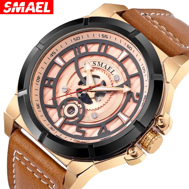 

SMAEL Fashion Men's Quartz Watches Stereo Dial Face Waterproof 30M Leather Strap Creative Casual Wristwatches 9163