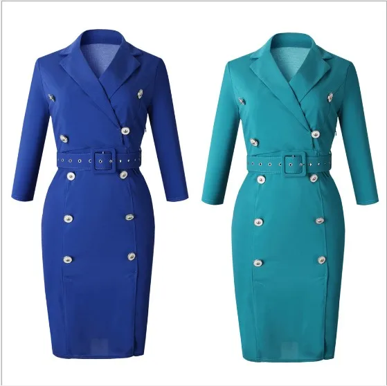 

he31452a woman dress Suit collar plus-size dresses for office lady, Blue, sea blue