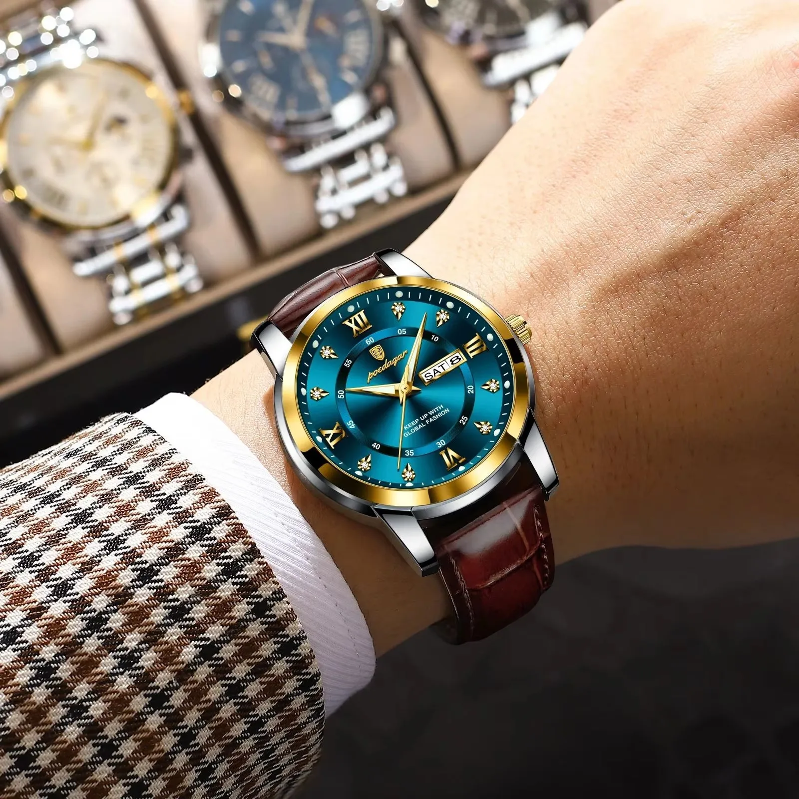 POEDAGAR Watch for Men 936 New Leather Waterproof Mens Wristwatch Clock Jewelry Diamond Bracelet Quartz Watches Relojes Hombre