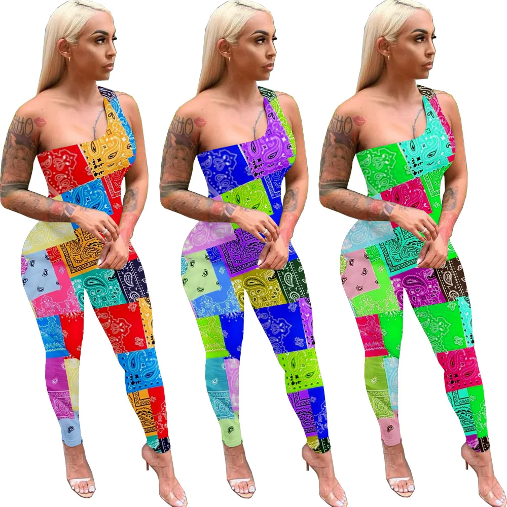 

CQ117 Wholesale summer bodycon women jumpsuit 2021 one shoulder rompers womens sexy sleeveless printed jumpsuits