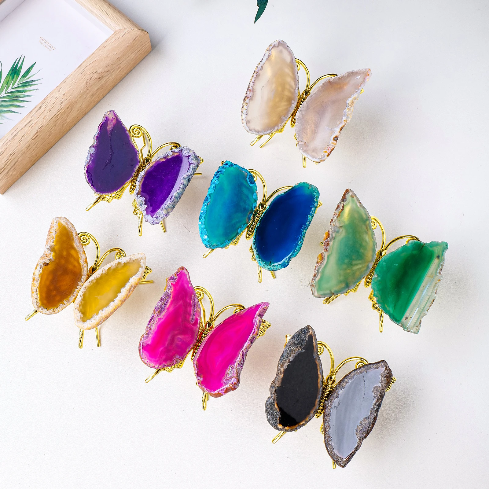 

wholesale natural healing crystal handmade colorful agate slice butterfly for home decorations