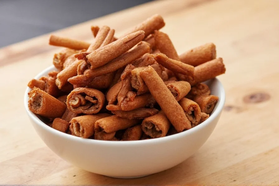 Homemade candied cinnamon sticks arranged on a wooden board