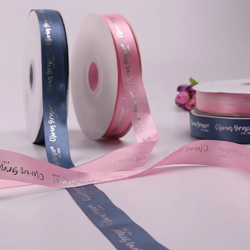 

Custom 2.5cm Hot Stamping Polyester Ribbon With Logo Decoration Foil Raised Printed Satin Ribbon Gift Packing