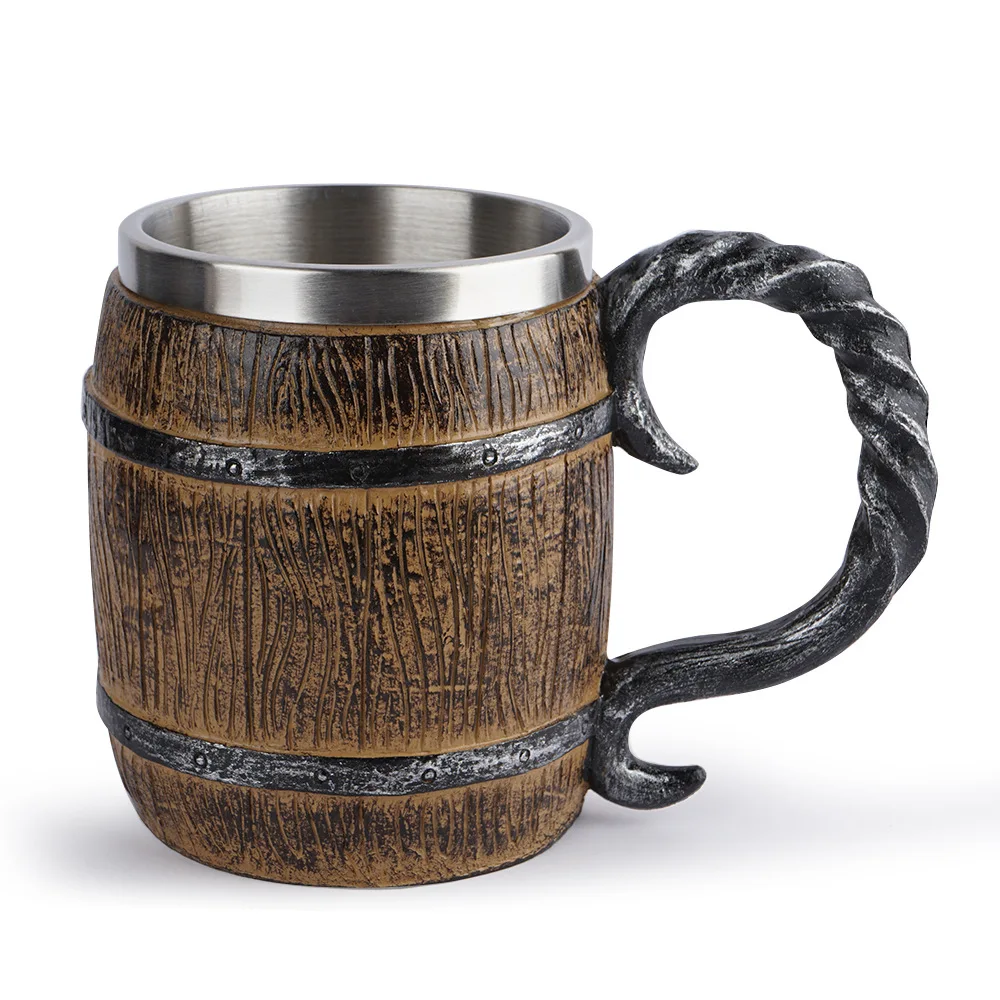 

Doyoung Creative Retro Resin Simulation Wood Finishing Stainless Steel Liner Barrel Viking Beer Mug, As picture