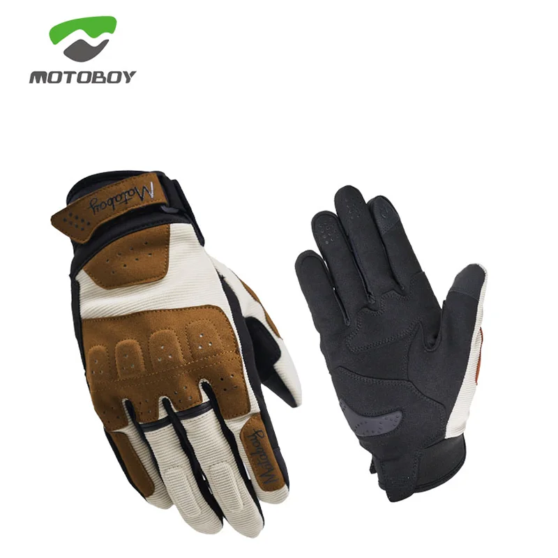 

MOTOBOY Brown Gray Retro Vintage Full Finger Touch Screen Men's Motorcycle Racing Gloves/ Motorbike Riding Motocross Accessories, Brown/ grey