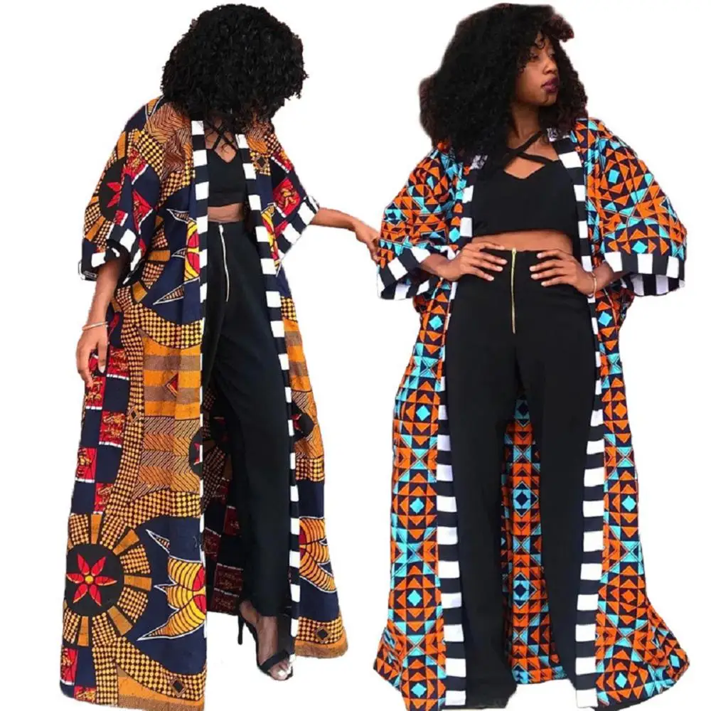 

2021 New Arrival fall Slash neck printing short sleeves cardigan Jacket coat African ethnic style women's trench long coats