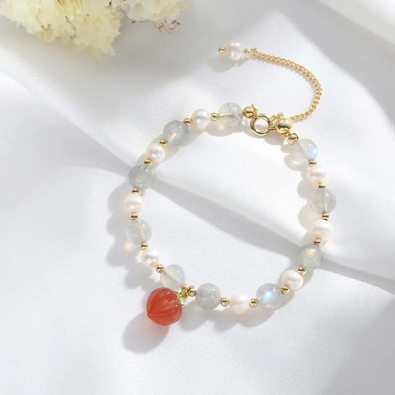 

Lovely Irregular Pearl Natural Crystal Stone Red Peach Bracelet Fruit Peach Pearl Moonstone Charm Bracelet For Women