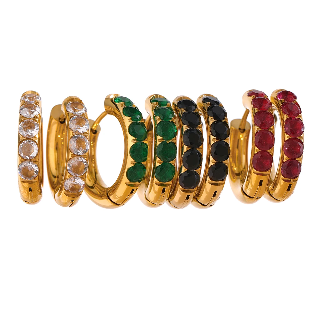 

JINYOU 1454 Fashion 18K Gold Plated Green Crystal Cubic Zirconia Stone Charm Waterproof Stainless Steel Hoop Earrings for Women