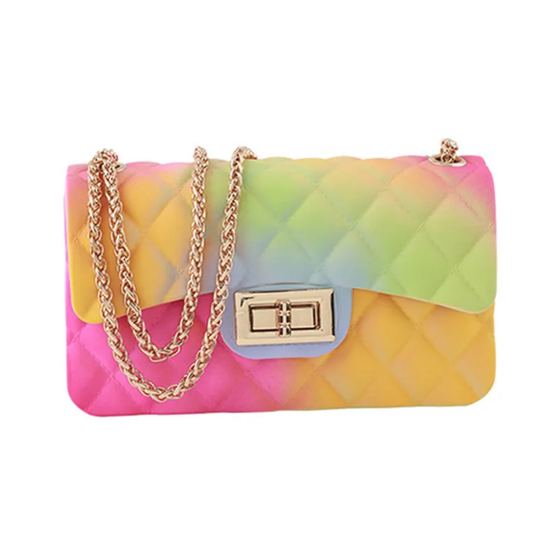 

2021 New design pvc jelly bag women fashion purse handbags lady small chain shoulder bags, Rainbow