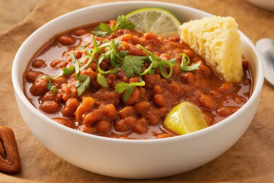 Bowl of deep red chili served with cornbread wedge, fresh cilantro garnish, and lime wedge
