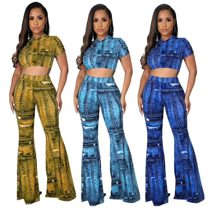 

H022-hot sale products 2021 printed short sleeve and flared women two piece sets